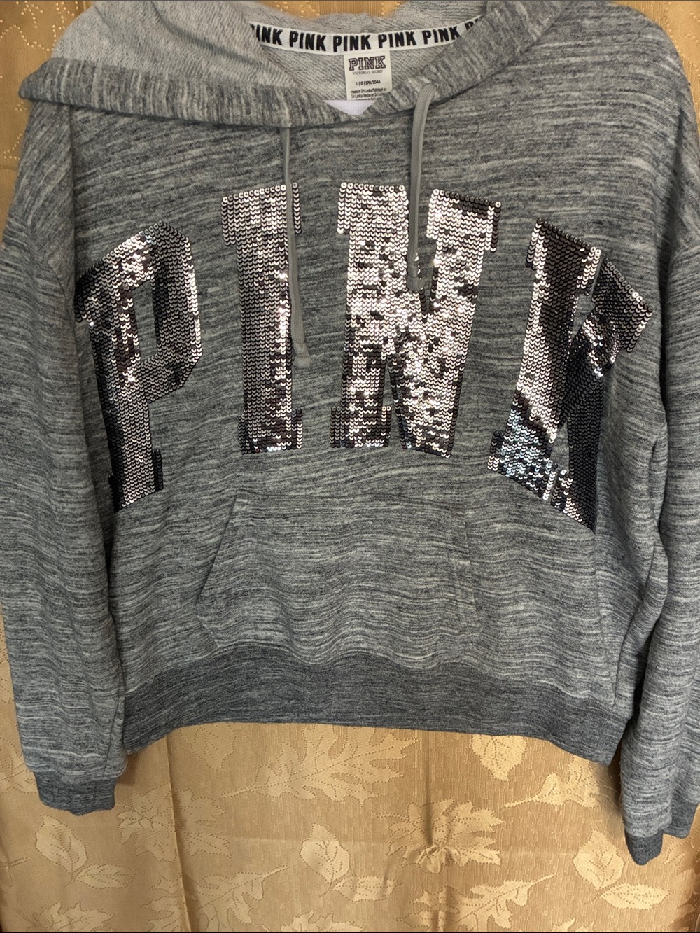 PINK Victoria's Secret Gray Sequin Logo Hoodie Sweater